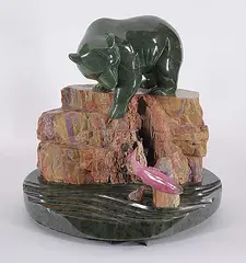 Lyle Sopel, Fast Water - Fishing Bear, green nephrite jade, rhodonite and petrified wood sculpture