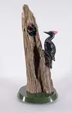 Lyle Sopel, Invitation to Dine - Woodpeckers, green and black nephrite jade, petrified wood and rhodonite sculpture