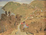 Robert F.M. McInnis, Road to the Sky, Chemin vers le Ciel, Port au Persil, 1985, oil on wood board