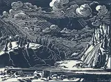 Bow Falls from South by Margaret Shelton, 1941, lino block on paper, sold Apr 2023