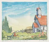 St Peters, Windermere #121/200 by Margaret Shelton, 1977, lino block in eight colours on paper, sold Apr 2023