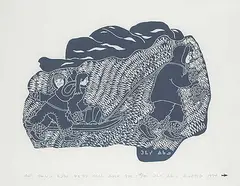 Thomassee Echalook, Man and Woman Pulling Kimatik with Grandfather Riding #12/40, 1974, stonecut on paper