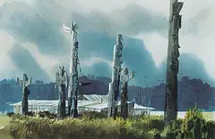 Harry Heine, Totems at Alert Bay Cormorant Island, watercolour on paper