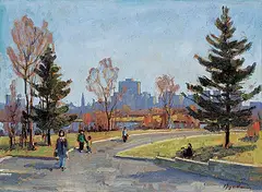 Robert Stewart Hyndman, Center of Ottawa from Parkdale at Parkway, oil on wood board