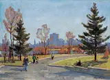 Robert Stewart Hyndman, Center of Ottawa from Parkdale at Parkway, oil on wood board