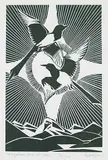 Magpies, Winter Sun #30/100 by Illingworth Kerr, lino block on paper, sold Mar 2023