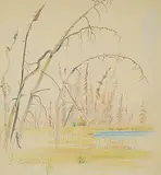 Ernest Friedrich Lindner, Untitled - Trees Beside Reeds, coloured pencil on paper