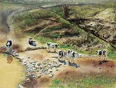 Gary Olson, Six Cows in a Valley Near Cochrane, 1981, mixed media on paper