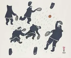 Napachie Pootoogook, Family Playing Ball #31/50, 1961, colour stonecut and stencil on paper