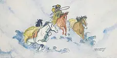 Henry Standing Alone, Driving Packhorses in Blizzard #16/199, 1987, hand coloured lithograph on paper