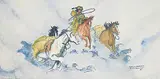 Henry Standing Alone, Driving Packhorses in Blizzard #16/199, 1987, hand coloured lithograph on paper