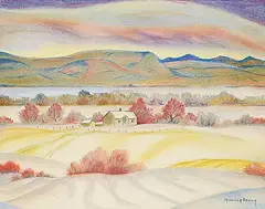 Annora Brown, Untitled - Farmhouse by the Lake, pastel on paper