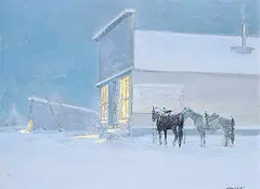 February Night, Ft. Steele, B.C. by Peter Maxwell Ewart, 1974, oil on canvas board, sold Dec 2022
