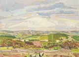 Guenther Heim, Calgary from SW, oil on wood board