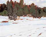 Hans Herold, Pine Forest, Waskesiu, 1982, oil on wood board