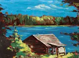 Hans Herold, Grey Owl's Cabin, 1972, oil on wood board