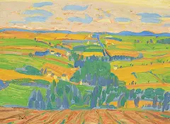 Illingworth Kerr, Potato Farms from Klokedahl Hill, Grand Falls, NB, 1967, oil on wood board