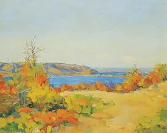 A September Day Along N. Side of Echo Lake Looking Towards the Sioux by Ernest Luthi, oil on wood board, sold Dec 2022