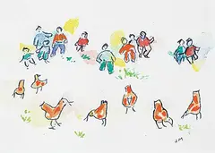 Untitled - Children Watching Chickens by Janet Mitchell, watercolour on paper, sold Dec 2022