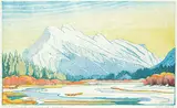 Mt. Rundle in March #26/100 by Margaret Shelton, 1979, lino block in eight colours on paper, sold Dec 2022