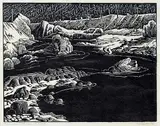 Thomson River #22/50 by Margaret Shelton, 1943, lino block on paper, sold Dec 2022