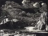 Bow Falls from South by Margaret Shelton, 1941, lino block on paper, sold Dec 2022