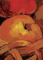 Monica Tap, Apples and Basket, 1996, acrylic on wood panel