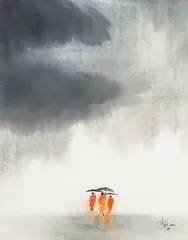 Thep Thavonsouk, Untitled - Three Monks in the Rain, 2000, watercolour and ink on paper