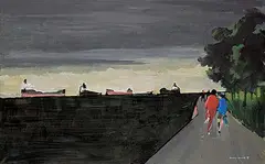 Molly Lamb Bobak, Grain Boats and Joggers, oil on canvas