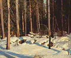 Frank Johnston, The North Woods in March, 1930, oil on wood board