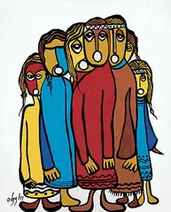 Daphne Odjig, Lady Pow Wow Singers, 1977, acrylic on canvas board