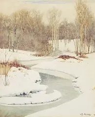 Walter J. Phillips, The Stream in Winter, 1917, watercolour on paper plus colour wood block on paper