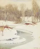 Walter J. Phillips, The Stream in Winter, 1917, watercolour on paper plus colour wood block on paper