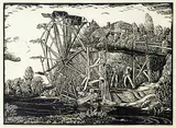 Gawdun's Waterwheel, Rosedale #5/30 by Margaret Shelton, 1942, lino block on paper, sold Nov 2022