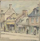 Paul Archibald Octave Caron, Old Shops, St. Lawrence and Main, Montreal, coloured pencil and ink on paper
