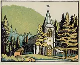 St. Georges, Banff #88/100 by Margaret Shelton, 1944, lino block in six colours on paper, sold Nov 2022