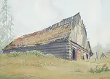 Barn with Shake Roof and Two Evergreens by Margaret Shelton, 1979, watercolour on paper, sold Nov 2022