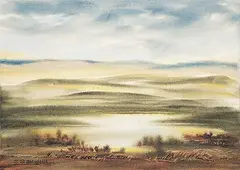 Prairie and Pond by Stanford Earl Blodgett, 1988, watercolour on paper board, sold Sep 2022