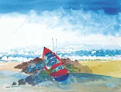 Murray William MacDonald, Seascape - The Red Boat, watercolour on paper