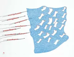 Pudlo Pudlat, Harpoons and Seals #16/50, 1981, colour lithograph on paper