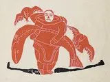 Leah Qumaluk, Untitled - Woman with Big Fish #19/30, 1965, colour stonecut on paper