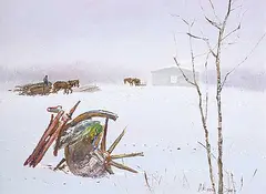 Allen Sapp, Broken Wheel and Old Stove on Stoney Reserve, 1971, acrylic on canvas