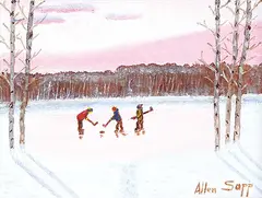 Allen Sapp, Untitled - Hockey at Sunset, acrylic on canvas
