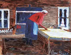 Allen Sapp, Untitled - Nokum Making Bannock, acrylic on canvas