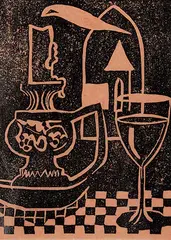 Maxwell Bennett Bates, Untitled - Still Life with Candle and Wine, wood block on paper