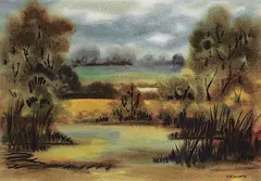 Untitled - Foggy Pond by Stanford Earl Blodgett, 1964, watercolour on paper, sold May 2022
