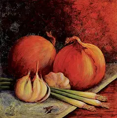 Bonnie Curran, Onions and Garlic, acrylic on canvas