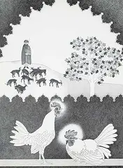 Stefan Czernecki, Roosters at Dawn, ink and graphite on paper board