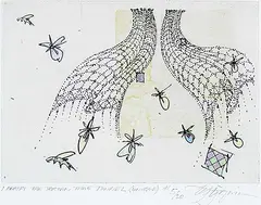 I Adrift the Tartan Time Tunnel #5/20 by Edward William Godwin, hand coloured etching, sold May 2022