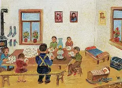 Ann Alexandra Harbuz, Get Wool Ready for Quilts, 1981, acrylic on canvas board
